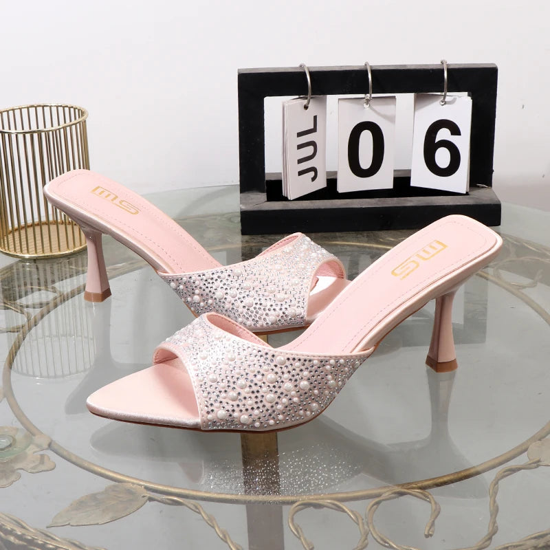 High heeled fishmouth slippers with rhinestones for summer