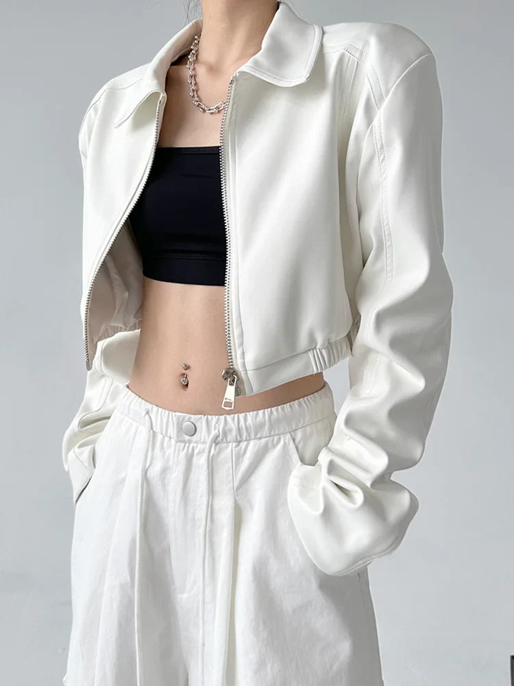 Black PU Retro Lapel Crop Coat