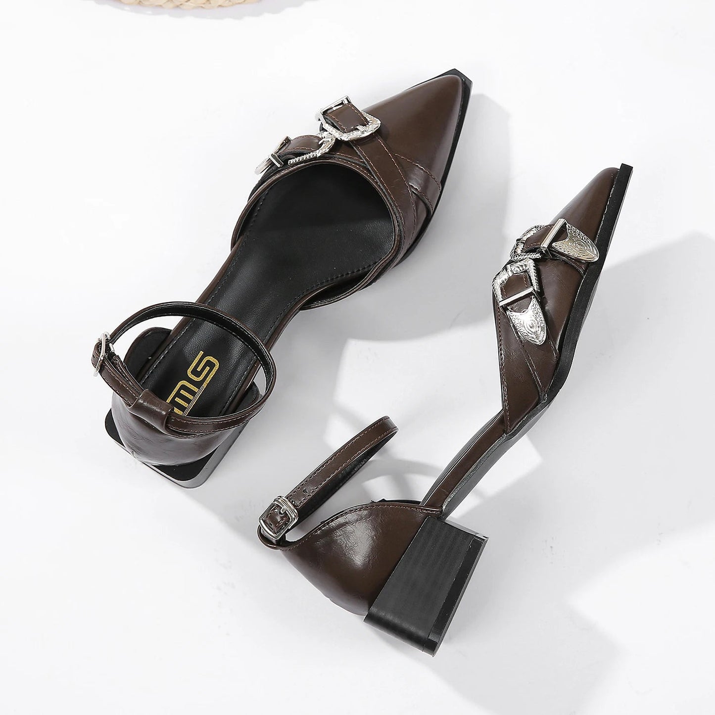 Women's Rhinestone Pointed Shallow Low-Heeled Sandals with Belt Buckle