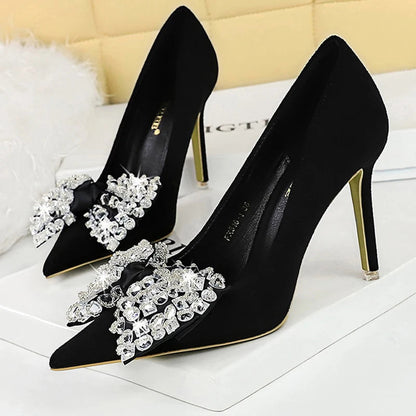 Rhinestone Bowknot Women Pumps - Luxury High Heels for Fashion Banquets