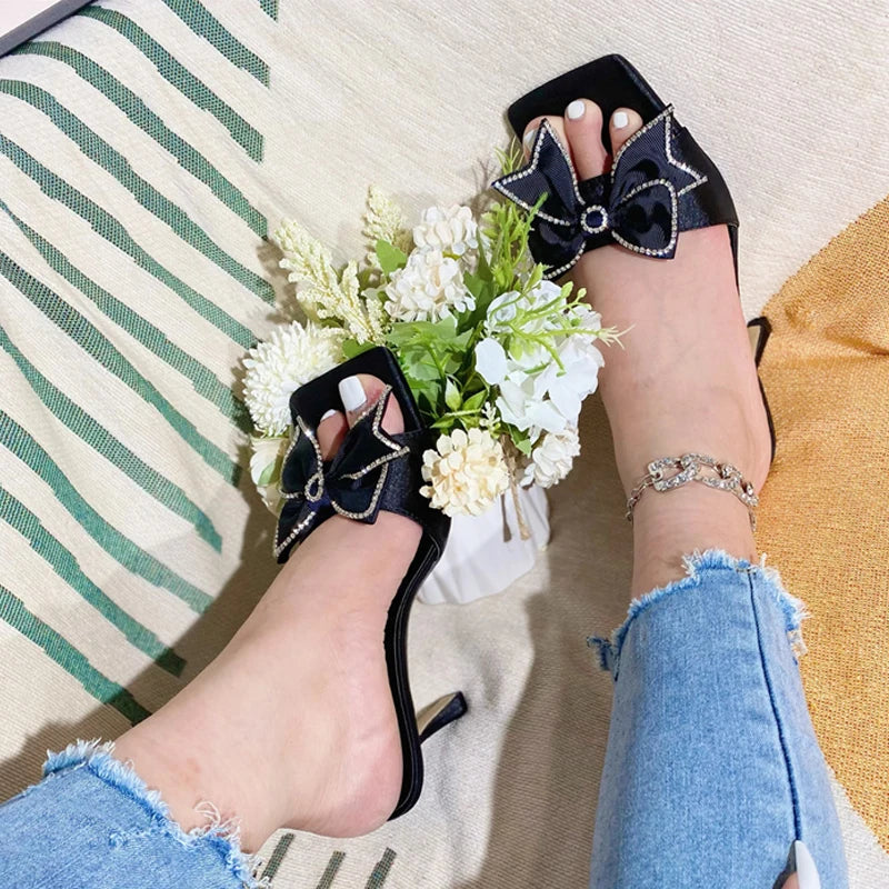 High Heeled Satin Slippers with Bowknot Detail for Summer Fashion