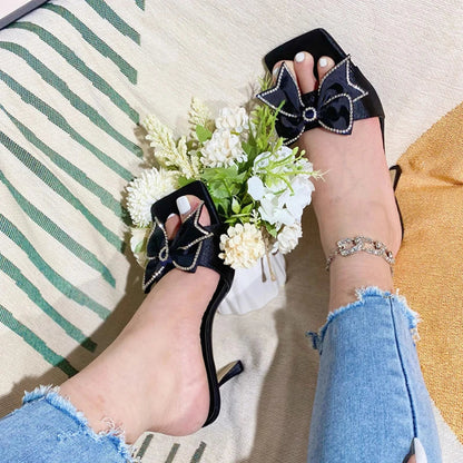 High Heeled Satin Slippers with Bowknot Detail for Summer Fashion