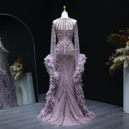 Beaded Mermaid Evening Dress with Feather Cape Sleeves
