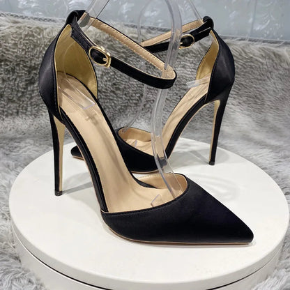 Silk Satin Ankle Strap Pointy Toe High Heel Shoes for Women in Black, Pink, and Green