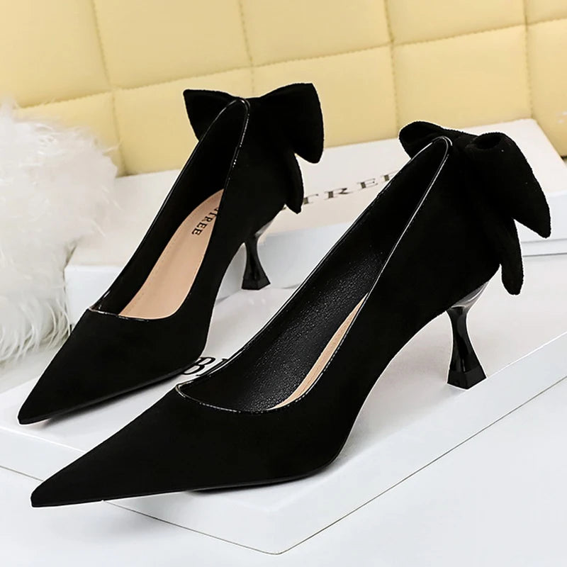 Bowknot Suede Female Kitten Heels Pumps - Spring New High-heels