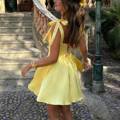 Yellow Halter Belt Pleated Mini Dress