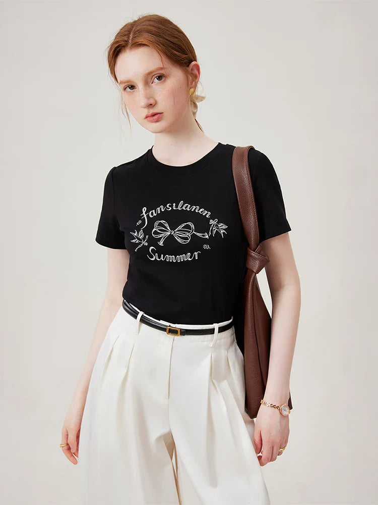 Bow Letter Print Slim Black T-shirt