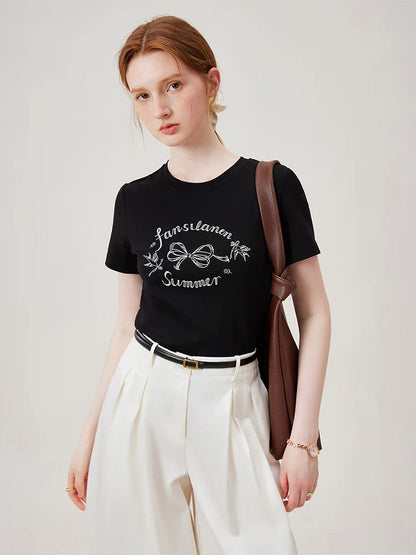 Bow Letter Print Slim Black T-shirt