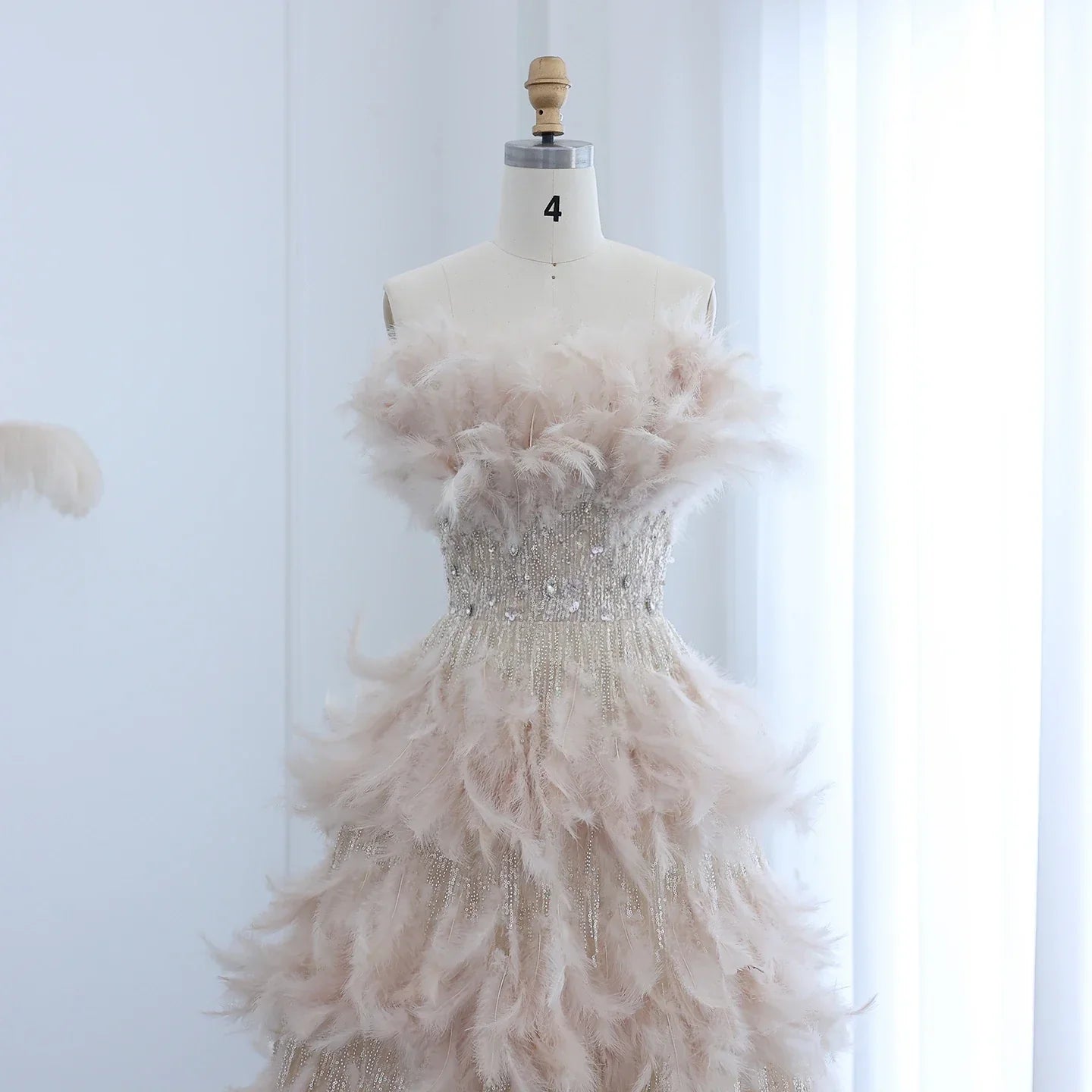 Feathers Princess Ball Gown Cream Evening Dress