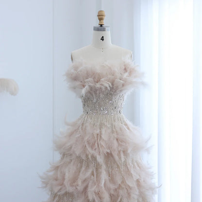 Feathers Princess Ball Gown Cream Evening Dress