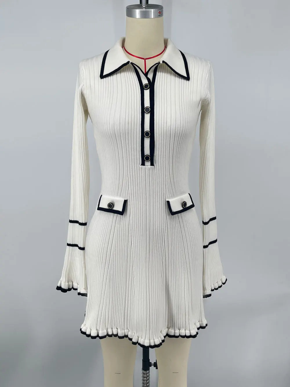 Ribbed Knit Polo Collar Bell Cuff Faux Pocket Mini Dress