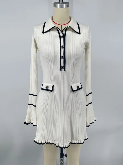 Ribbed Knit Polo Collar Bell Cuff Faux Pocket Mini Dress