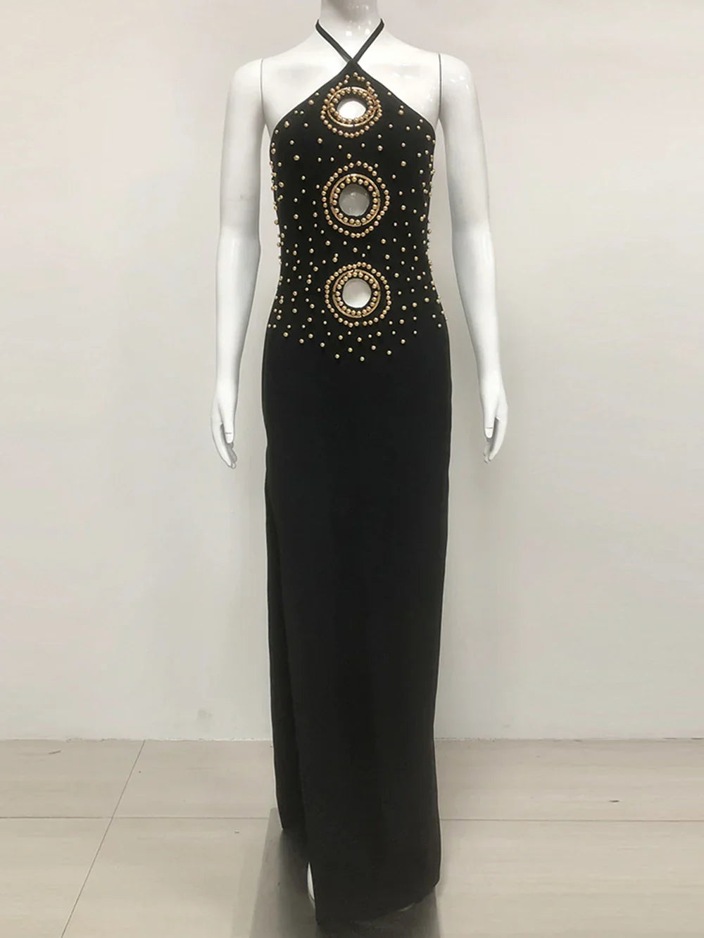 Halter Bead Hollow Design Backless Long Dress
