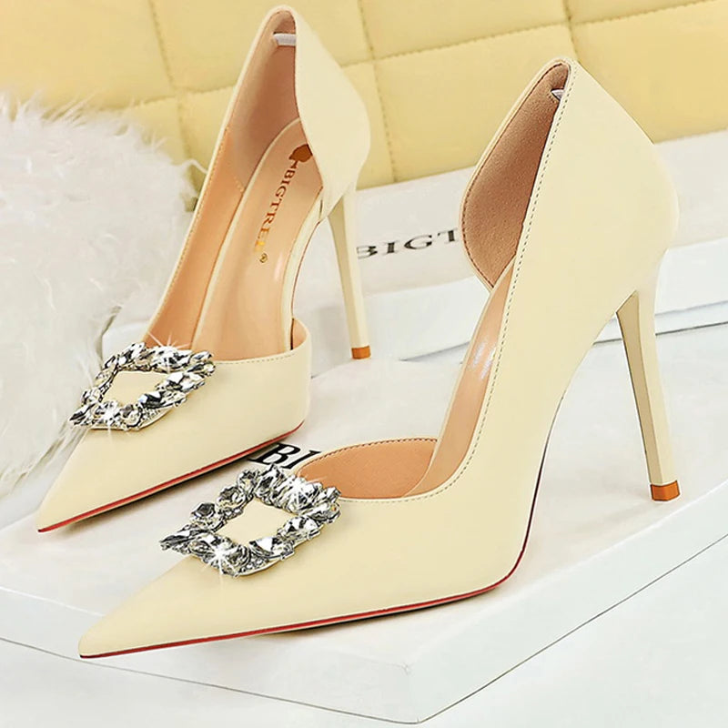 Wine Red 10.5cm Heels Metal Rhinestone Woman Pumps Luxury Banquet Shoes