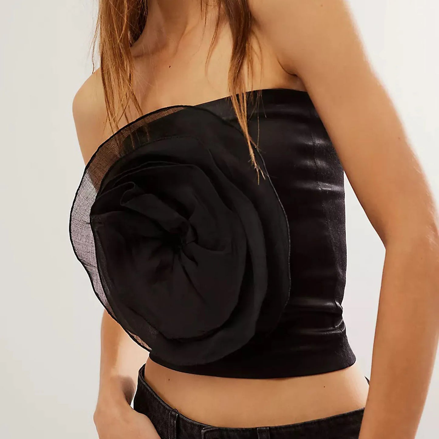 3D Flower Mesh Sheer Tube Strapless