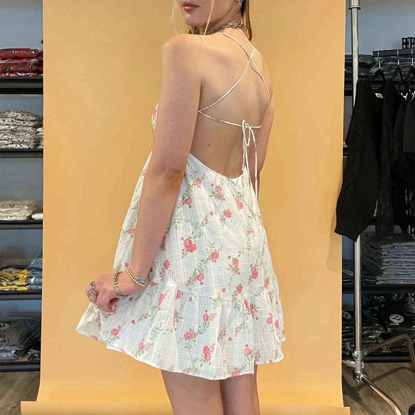 Cross Bandage Floral Mini Vacation Dress