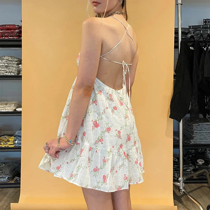 Cross Bandage Floral Mini Vacation Dress