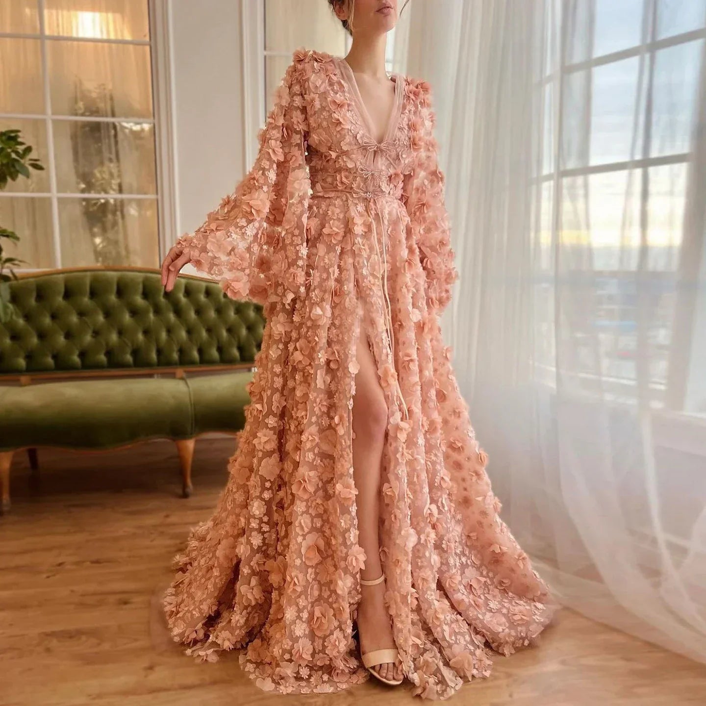 Peach-Pink 3D Flowers Bell Long Sleeves Prom Dress