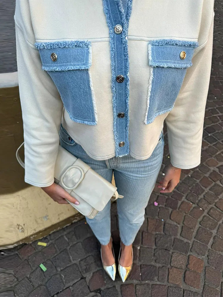Patchwork Denim Casual Lapel Coat