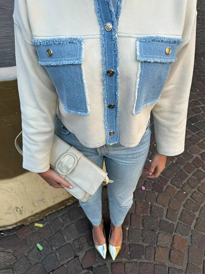 Patchwork Denim Casual Lapel Coat