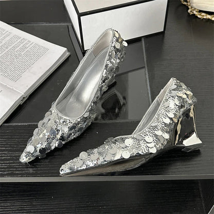 Gold Silver Sequins Fashion Women Pumps Pointed Toe Wedge Heel