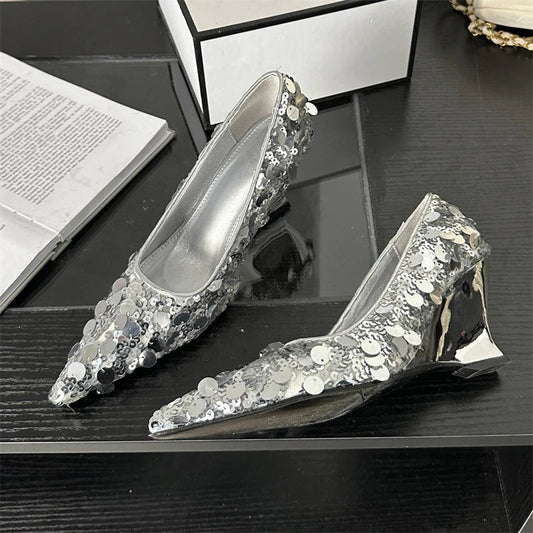 Gold Silver Sequins Fashion Women Pumps Pointed Toe Wedge Heel