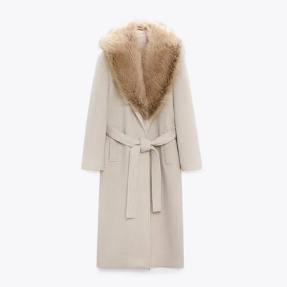 Women Faux Fur Patchwork Collar Woolen Belts Coat Button Up Pocket Casual Thicken Warm Outwear Female Winter Chic Jacket