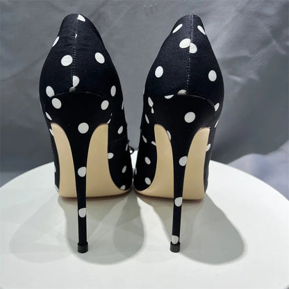 Black Satin Stiletto High Heels with Polka Dot Design