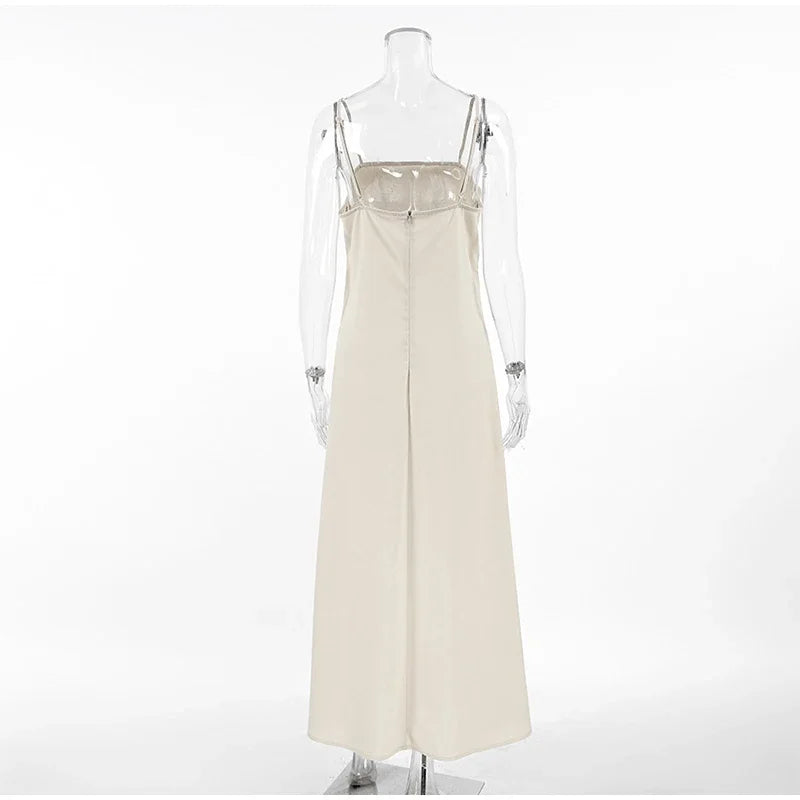 Square Neck Spaghetti Strap Linen Look Flowy Maxi Dress