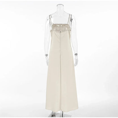 Square Neck Spaghetti Strap Linen Look Flowy Maxi Dress