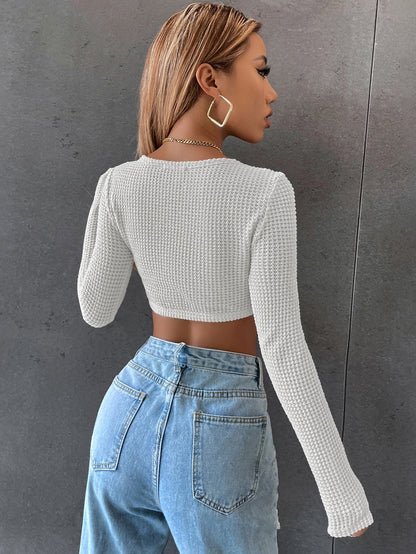 DressBetty - Long Sleeve Square Neck Knitted Crop Top Women Y2k Sexy T Shirts