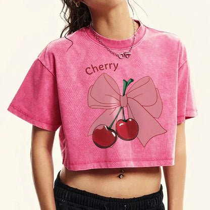 Bow Cherry Cartoon Cotton Slim T-shirt