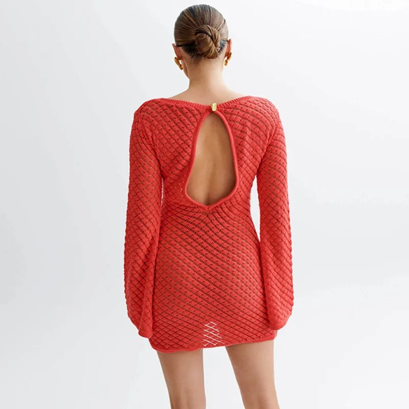 Knitted Hollow Backless Beach Mini Dress