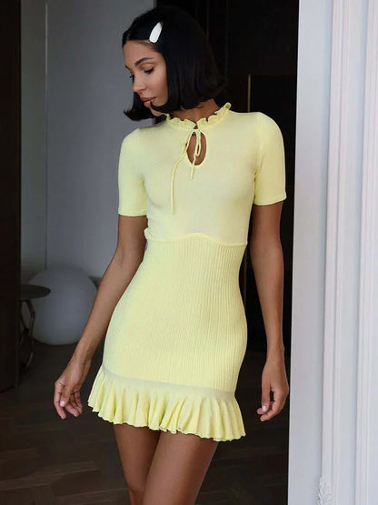 Ruffle Hollow Ribbed Pullover Bodycon Dress