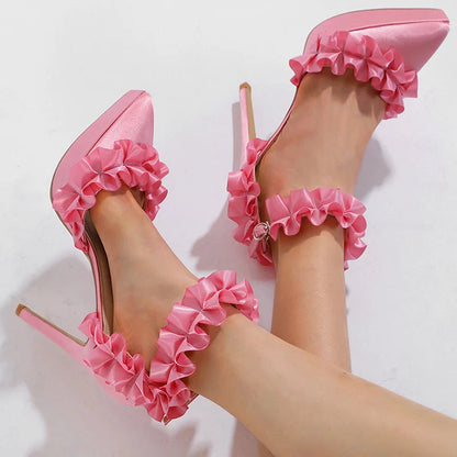 Silk Ankle Strap Platform Pumps with Pleated Design
