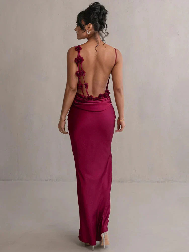Open Back Cowl Drape Spaghetti Strap Floral Applique Maxi Gown