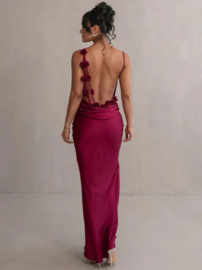 Open Back Cowl Drape Spaghetti Strap Floral Applique Maxi Gown