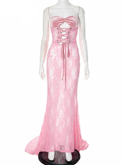 Lace Up Hollow Out Corset Tube Maxi Dress