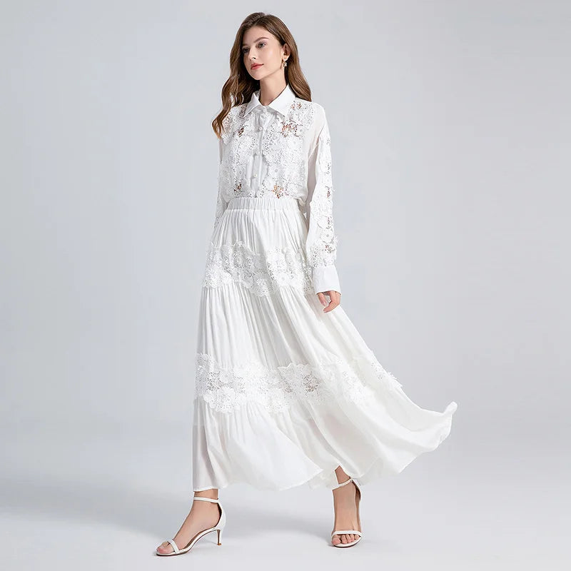 White Lace Maxi Skirt Blouse Set Casual Boho Dress