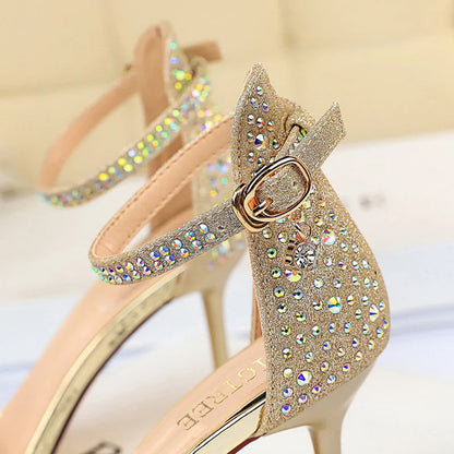 Rhinestone High Heels Kitten Heels Party Shoes Open Toe Women Pumps