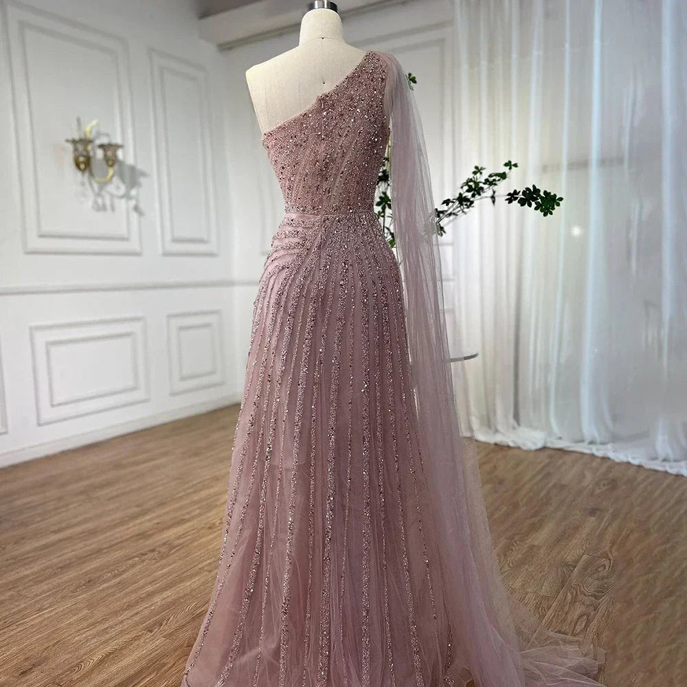 One-Shoulder Cape Sleeve Beaded Evening Dresses