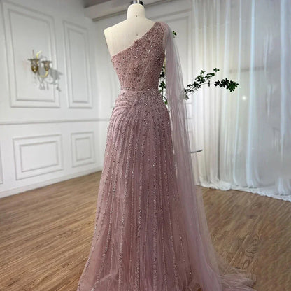One-Shoulder Cape Sleeve Beaded Evening Dresses