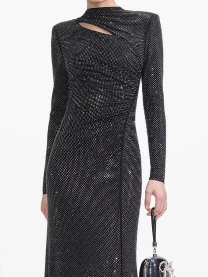 Pleated Diamond Asymmetrical Long Dress