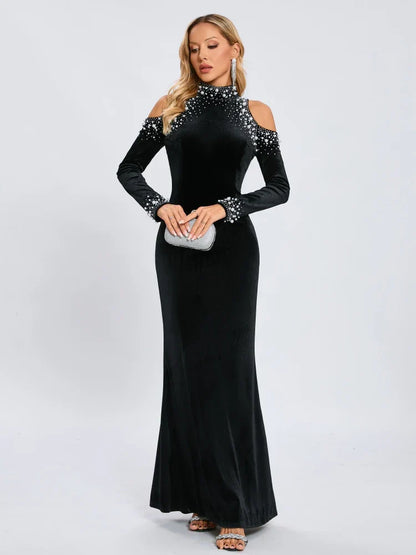 Long Sleeve Black Velvet Pearl Maxi Dress