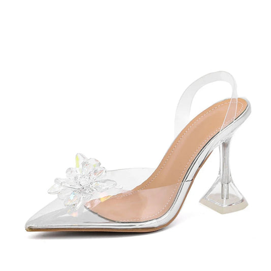 Sexy Crystal Flower PVC Slingback High Heels for Women in Summer
