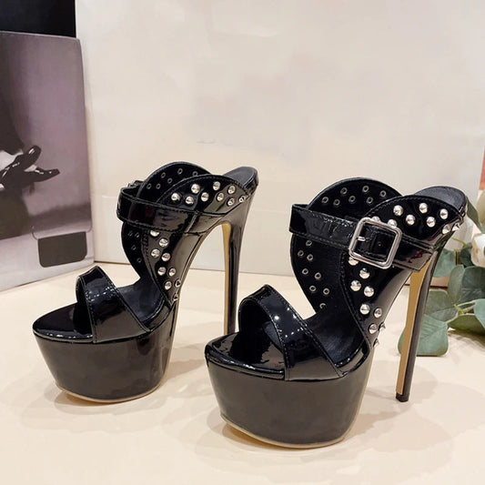 Metal Rivet Super High Heel Platform Slippers for Women Fashion