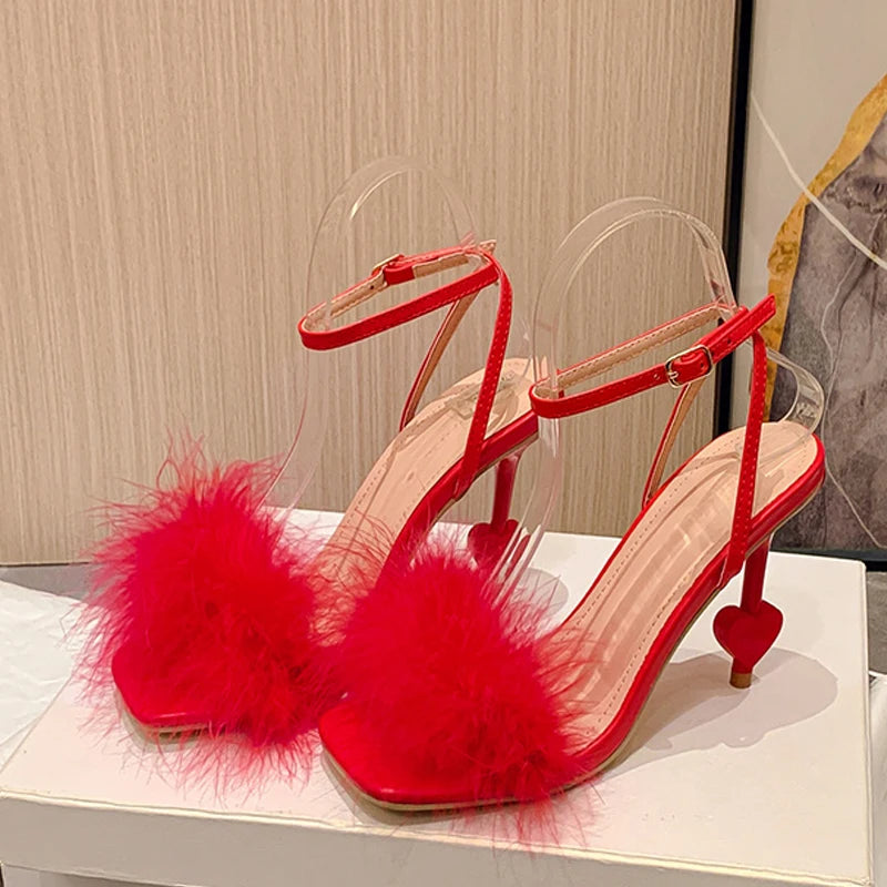Ankle Strap High Heels with Fluffy Feather Detail Women Sandals