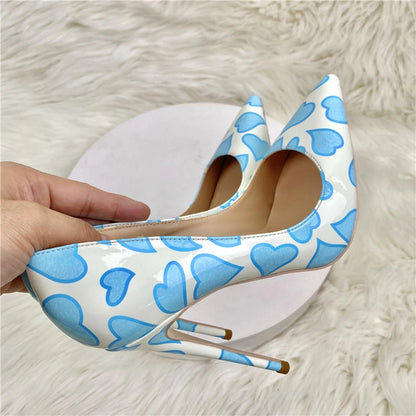 Blue Sweetheart Printed White Pointy Toe High Heel Shoes for Women