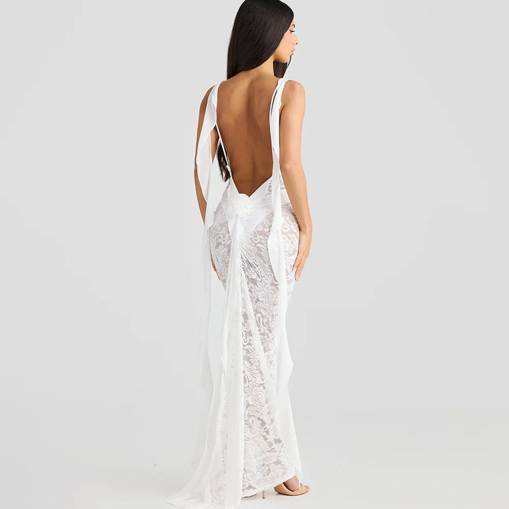 | Backless Lace Mermaid Gown with Chiffon Streamers