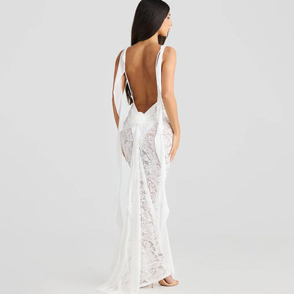| Backless Lace Mermaid Gown with Chiffon Streamers